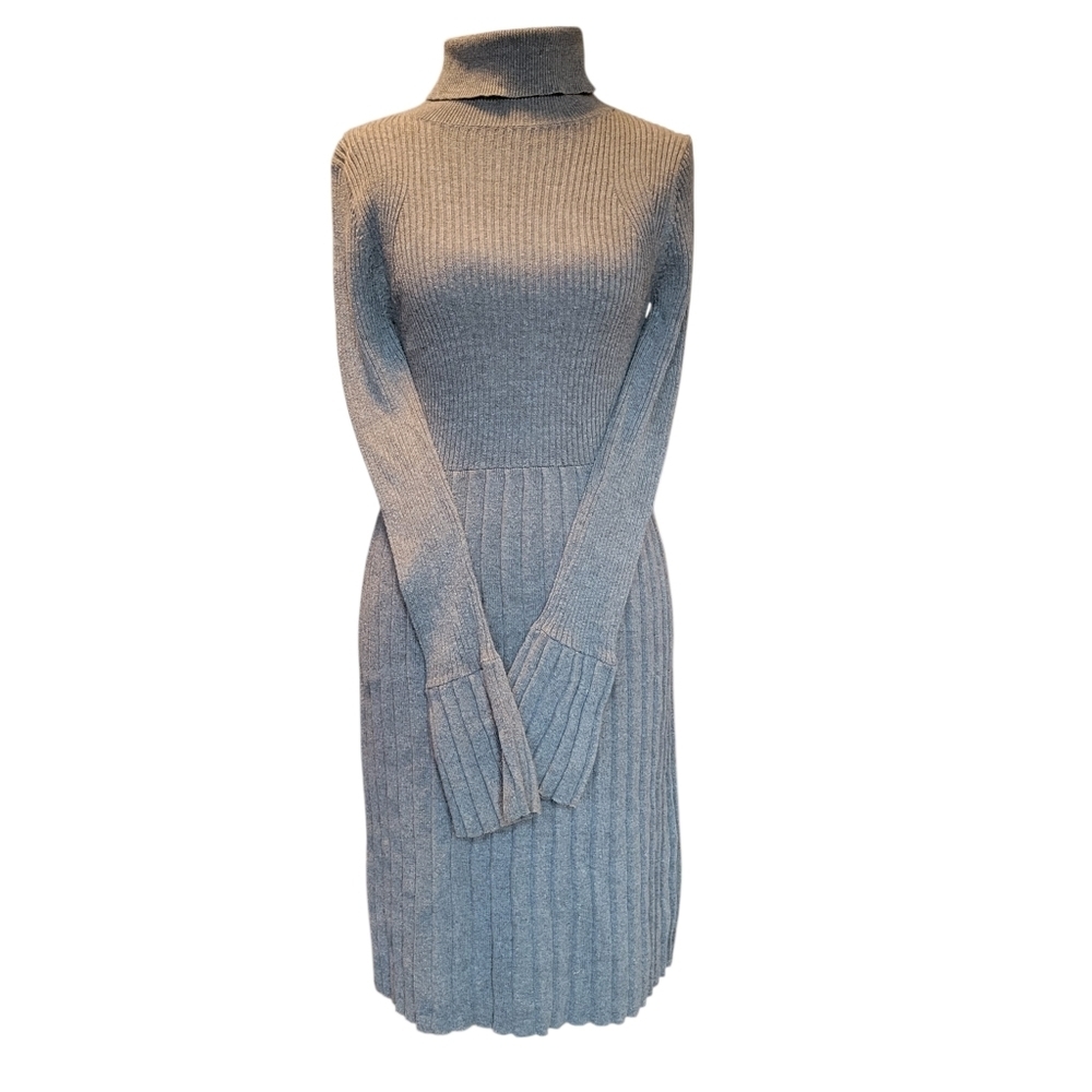 Adrianna Papell Gray Turtleneck Long Sleeve Ribbed Knit Pleated Sweater Dress